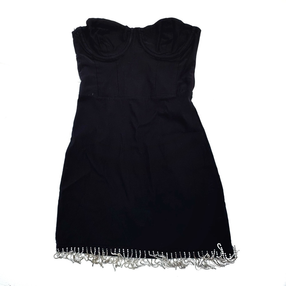 White Fox Black Strapless Mini Dress with Silver Fringe Hem